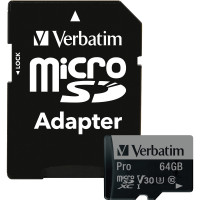 Verbatim 47042 64GB PRO 600X MICROSDXC MEMORY CARD W/ADAPTR UHS-I V10 U1 CLASS 10