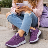 Ladies slip-on athletic shoes fashion sneakers - Purple & White - Fashion Shoes