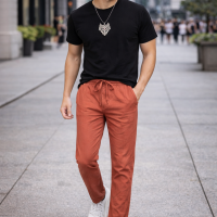 Men's Joggers Casual Pants with pockets Elastic Waist and draw cord with open leg. Bright Brown