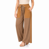Soft French Terry Two Tone Wide Leg Pants Mocha and Deep Camel Side pockets, elastic waist and draw cord