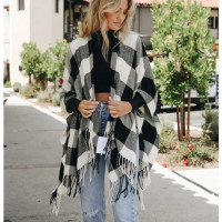 Plaid Flannel Large Poncho Size 51" x 63" Black, White and Gray