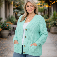 Plus Size Cardigan with Large Pockets Buttoned Front Mint Color
