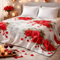Red Roses Floral Blanket White Base with Gray & Red Roses - King Size