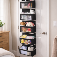 Over the Door Hanging Storage Closet Organizer Clear Window 5 Pockets + Dividers - Gray