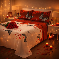 Romantic Bed Sheets Red Hearts Roses & Butterflies 4 Piece Set Deep Pocket Queen & King Size