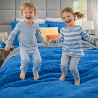 3 Piece Quilted Bedspread Set Queen & King Size Blue Embossed