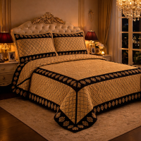 Damascus - Luxury Plush Quilted Bedspread  with 3D Embroidery Vintage Royal Gold Design