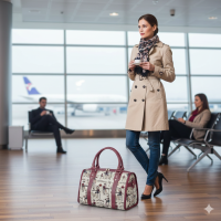 Tapestry Personal Item Bag  Duffle Bag Parisian Theme Leather Trim Straps & Handles