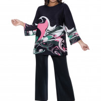Divine Casual Black Coordinated Set with Artistic Print Tunic and Matching Wide-Leg Trouser Set