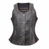 Ladies Lightweight Distressed Gray Leather Vest with Grommeted Twill and Lace Highlights