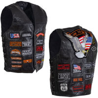 Genuine Leather Bikers Vest with 32 Patches Diamond Plate Rock Design - Large