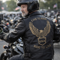 Mens Eagle Embossed Live To Ride - Ride To Live Classic Bikers Leather Jacket