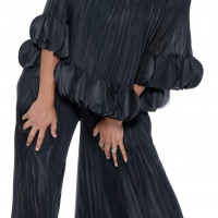 Divine Casuals Statement Pleated Top and Palazzo Pant Duo with Circle Ruffle Detail and Artistic Textured Finish