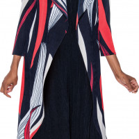 Divine Casuals Multicolor Chic Pleated Knit Midi Dress with Graphic Open Front Jacket and Dramatic Lapel
