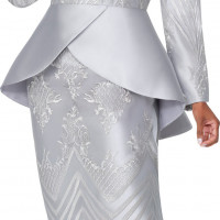 DCC Silver Brocade Peplum Skirt Suit with Dramatic Layered Waist and Embellished Brooch
