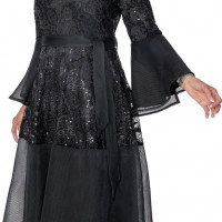 DCC Black Sequin Lace A-Line Church Dress with Sheer Bell Mesh Flare Sleeves and Shimmer Accents