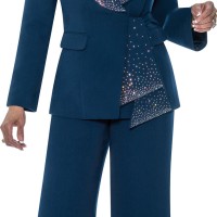 Divine Navy Dorinda Clark Cole DCC Rose Collect Rhinestone Embellished Two-Piece Women's Pant Suit